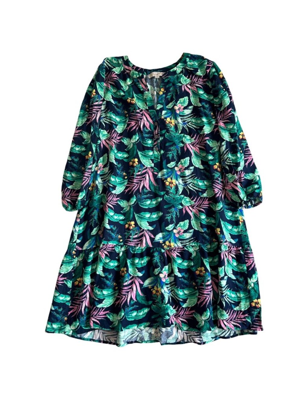 Loft Womens Sz Large Tropical Print Tiered Midi Dress Lightweight & Flowy
